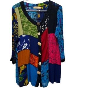 La Cera patchwork shirt women's size small blouse top colorful artsy